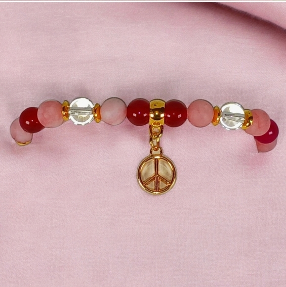 Pink Magenta Jade Clear Quartz bracelet Peace sign charm Groovy Boho Hippie Y2k - Picture 1 of 9